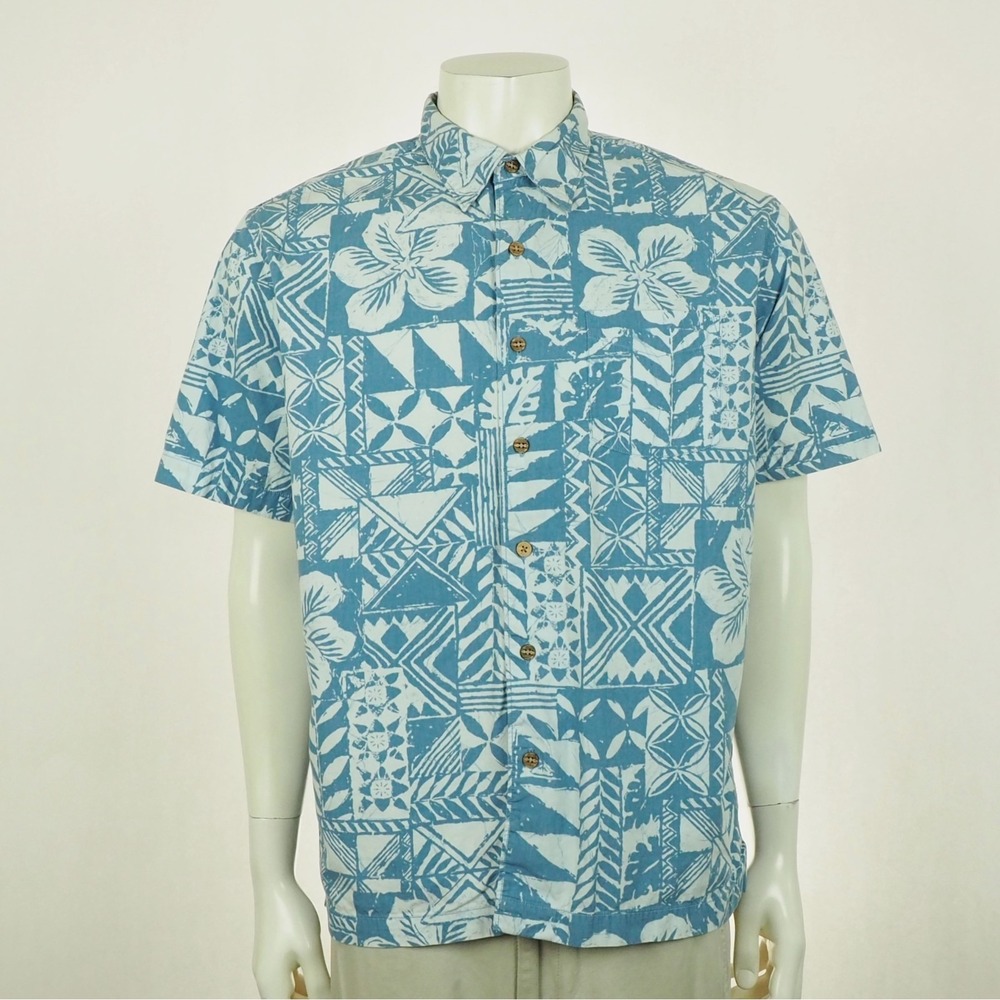 Quiksilver Hawaiian Button Down Shirt Mens Large Blue Floral Tribal Cotton Camp